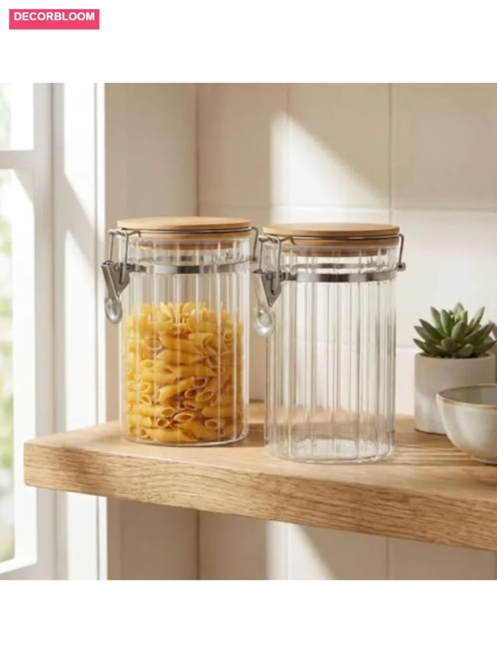 Set of 2 Airtight Borosilicate Glass Storage Jars with Bamboo Lids 34oz